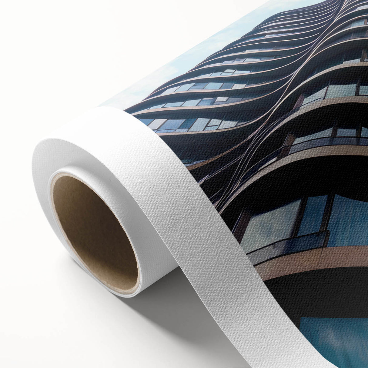Art Deco skyscraper design on rolled canvas, in monochrome shades, suitable as nursery wall art or dining room decor.