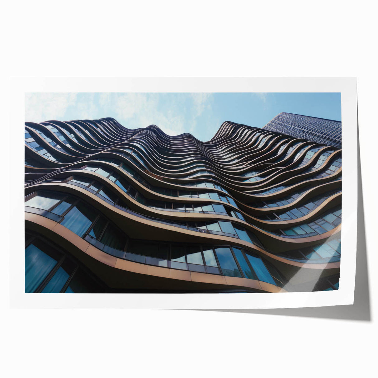 Extra large rolled print of a skyscraper design in grayscale tones, suitable for art wall dining room.