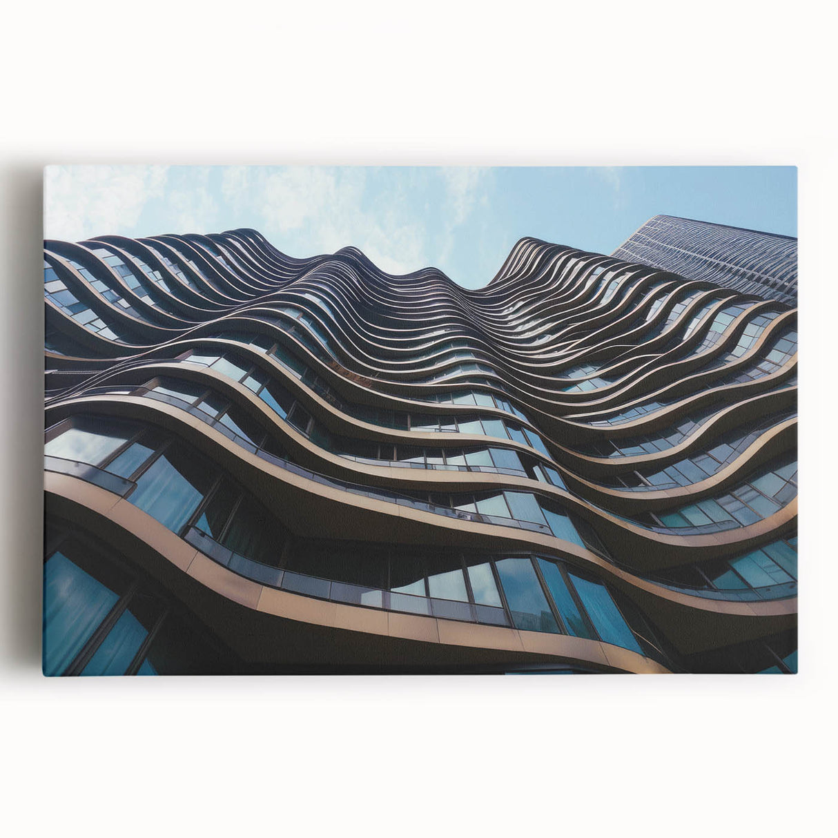 Black and white photo of skyscrapers on stretched canvas, ideal for kitchen wall art.