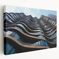 Side view of a large stretched canvas featuring a grayscale architectural skyscraper design, ideal for kitchen wall art.