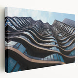 Side view of a large stretched canvas featuring a grayscale architectural skyscraper design, ideal for kitchen wall art.