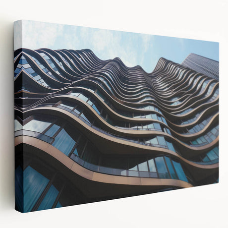 Side view of a large stretched canvas featuring a grayscale architectural skyscraper design, ideal for kitchen wall art.