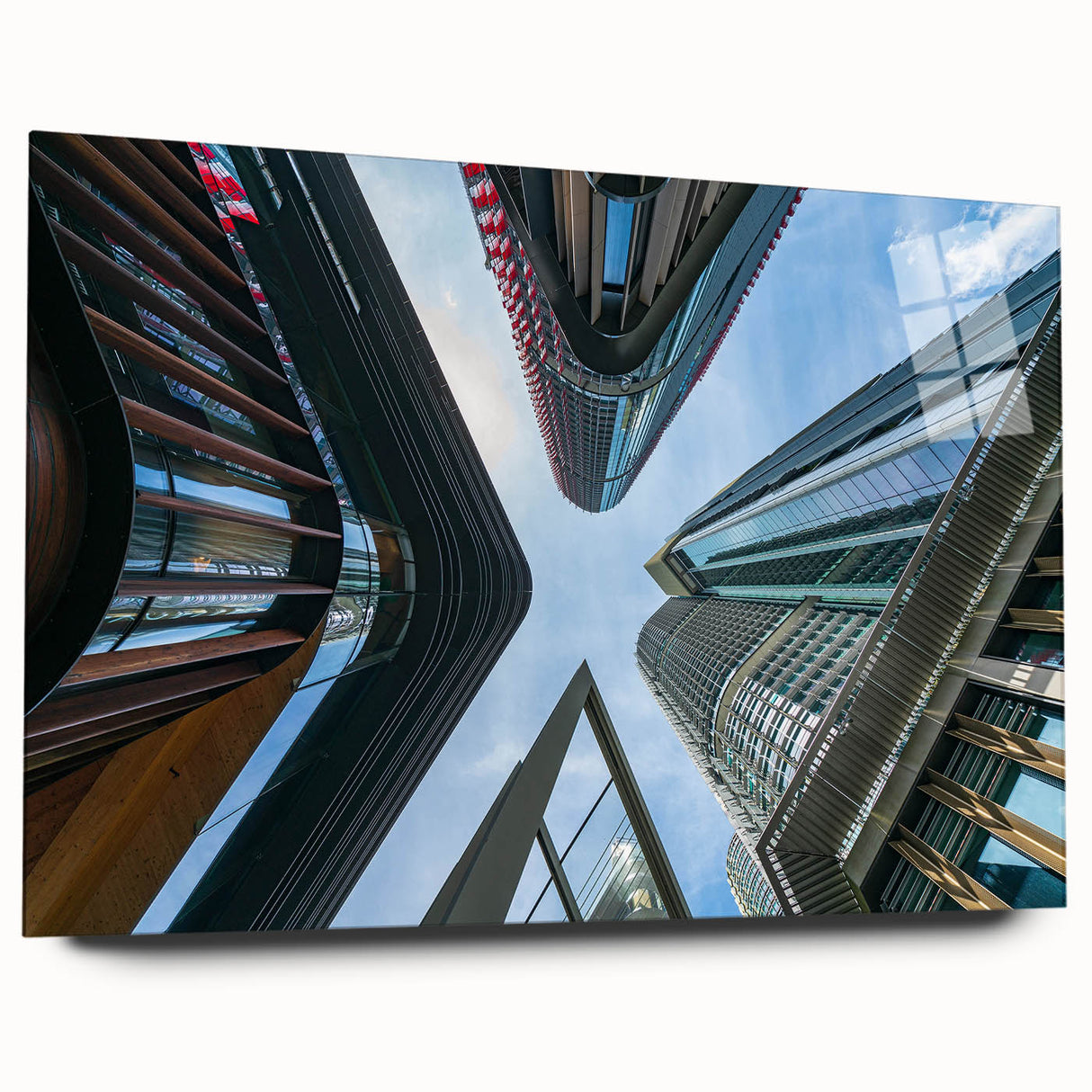 Large abstract acrylic print of skyscraper designs in grayscale, ideal for bedroom or dining room art.