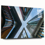 Large abstract acrylic print of skyscraper designs in grayscale, ideal for bedroom or dining room art.