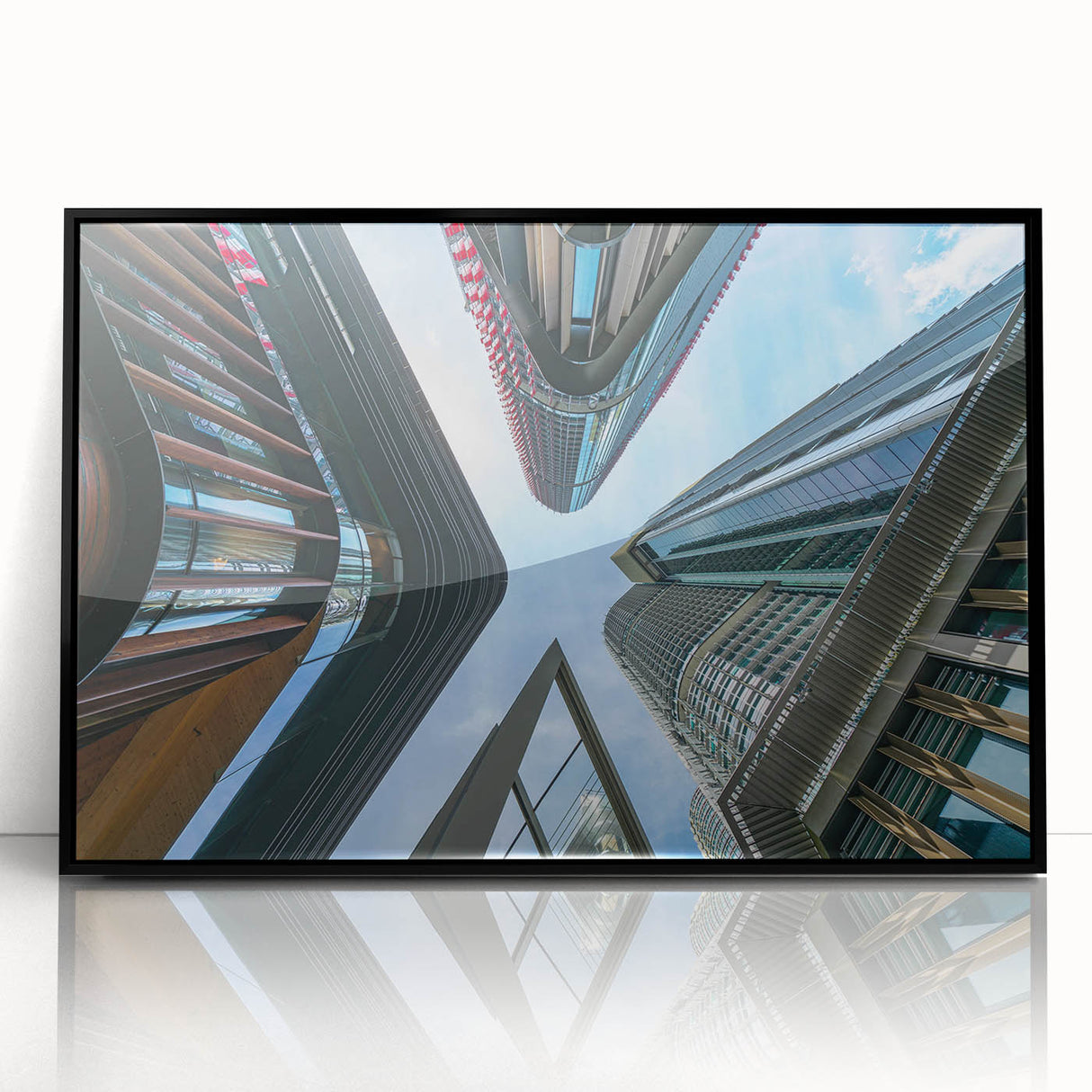 Large abstract wall art featuring a black and white skyscraper design on a framed acrylic, ideal for modern office decor.