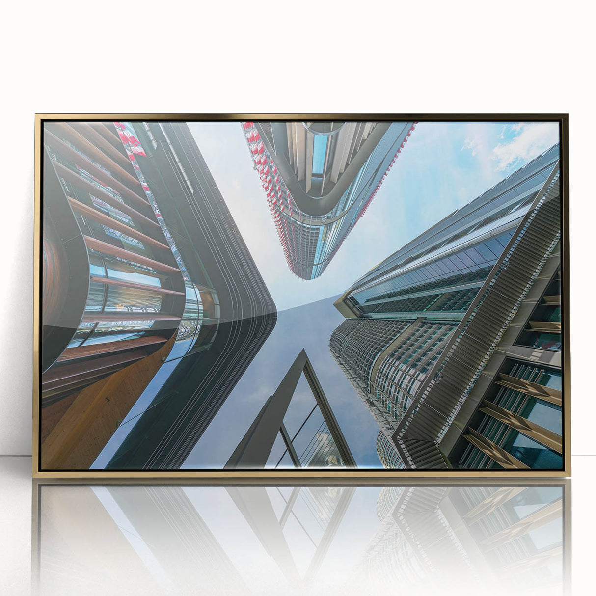 Mid-century modernist art of a skyscraper in gold and black tones on framed acrylic, suitable for modern decor.