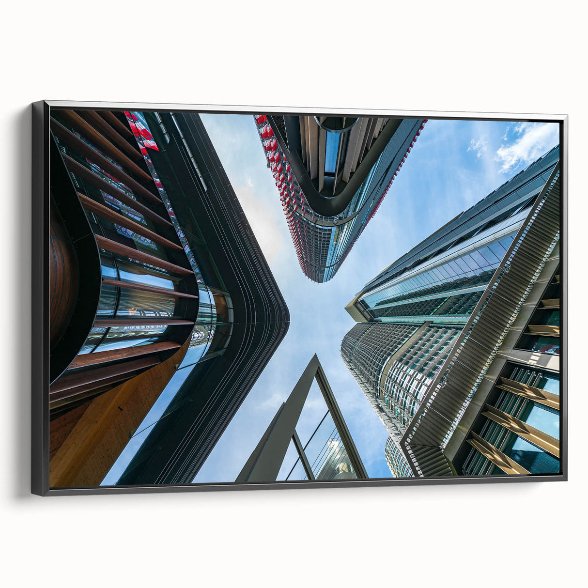 Black and white framed canvas featuring a vintage poster art style skyscraper landscape, ideal for bedroom wall decor.