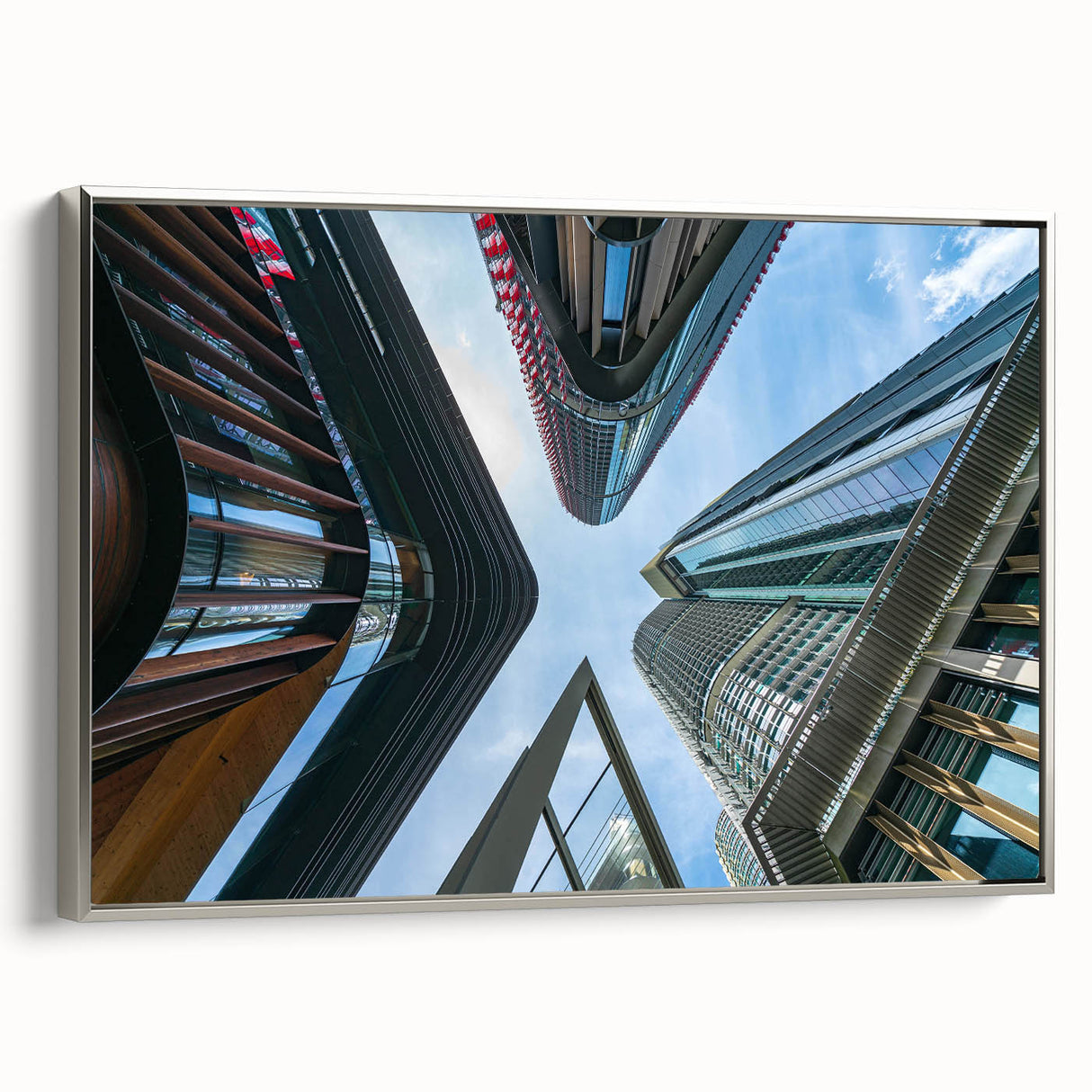 Vintage poster art of a skyscraper on framed canvas, featuring black and colorful hues, ideal for living room decor.