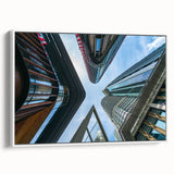 Framed canvas featuring a vintage poster of a black skyscraper landscape, ideal for bedroom wall decor.