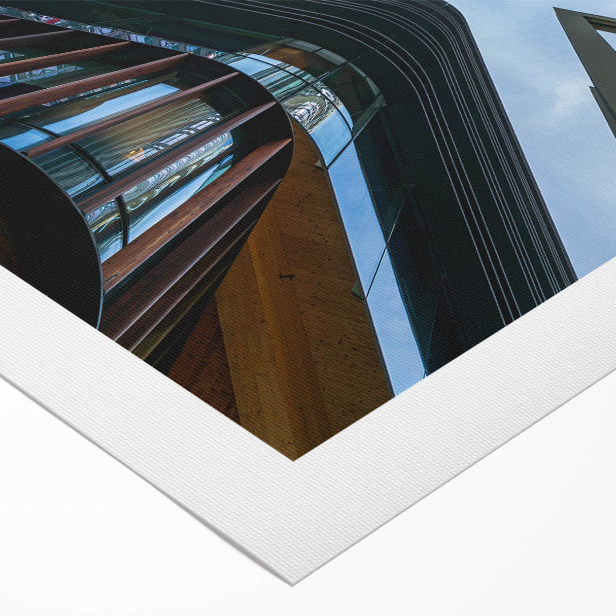 Art deco poster of a skyscraper, in muted metallic tones on rolled canvas, suited for dining room walls.