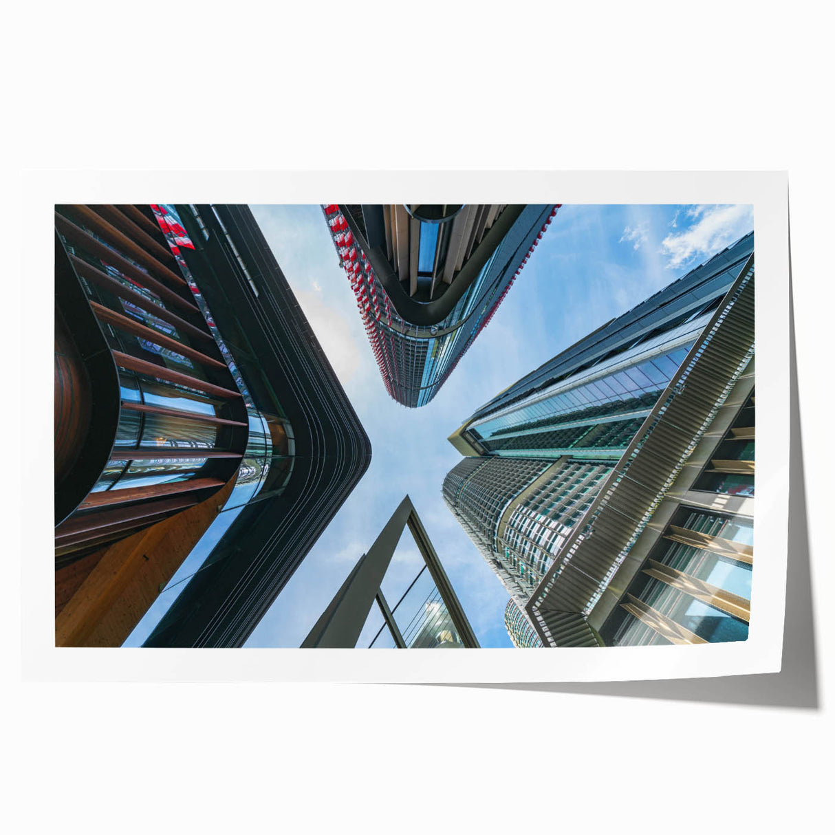 Extra large rolled print of a skyscraper design in grayscale, ideal for art wall dining room.