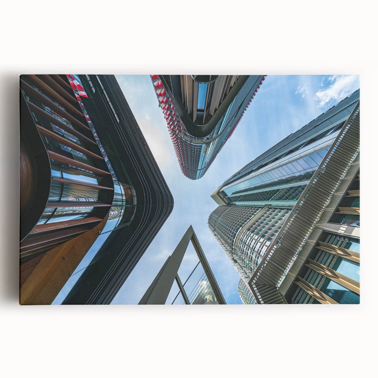 Black and white photo of skyscrapers on stretched canvas, suitable for kitchen wall art.
