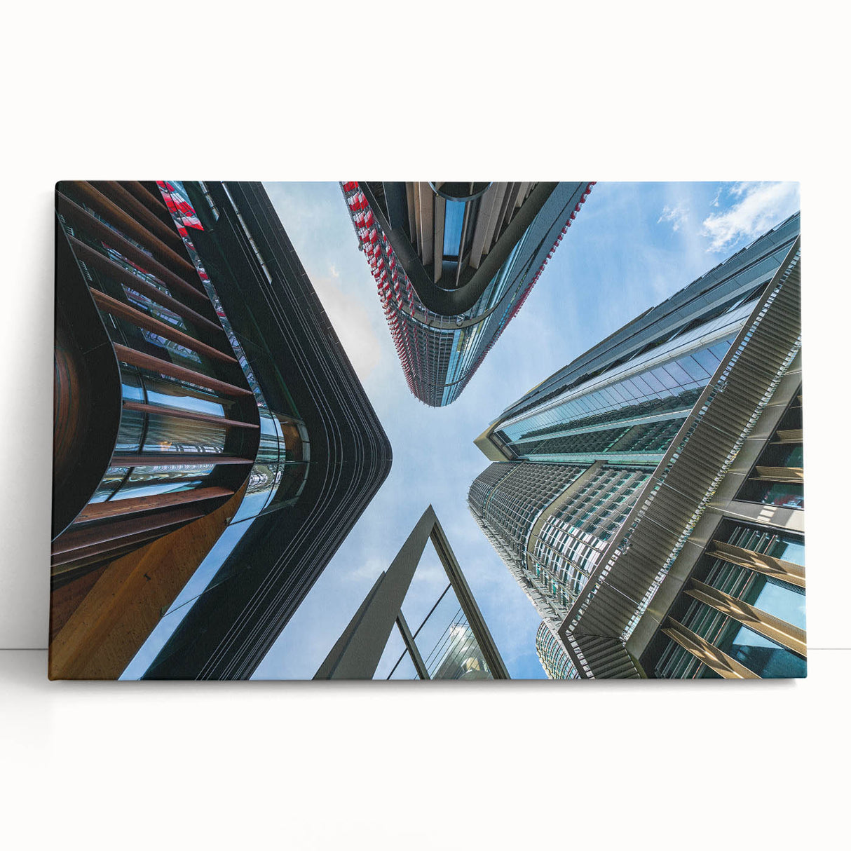 Black and white photo of skyscrapers on stretched canvas, suitable as kitchen wall art or for a bedroom.
