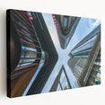 Large canvas print of a modern skyscraper design in neutral gray tones, suitable for kitchen wall art.