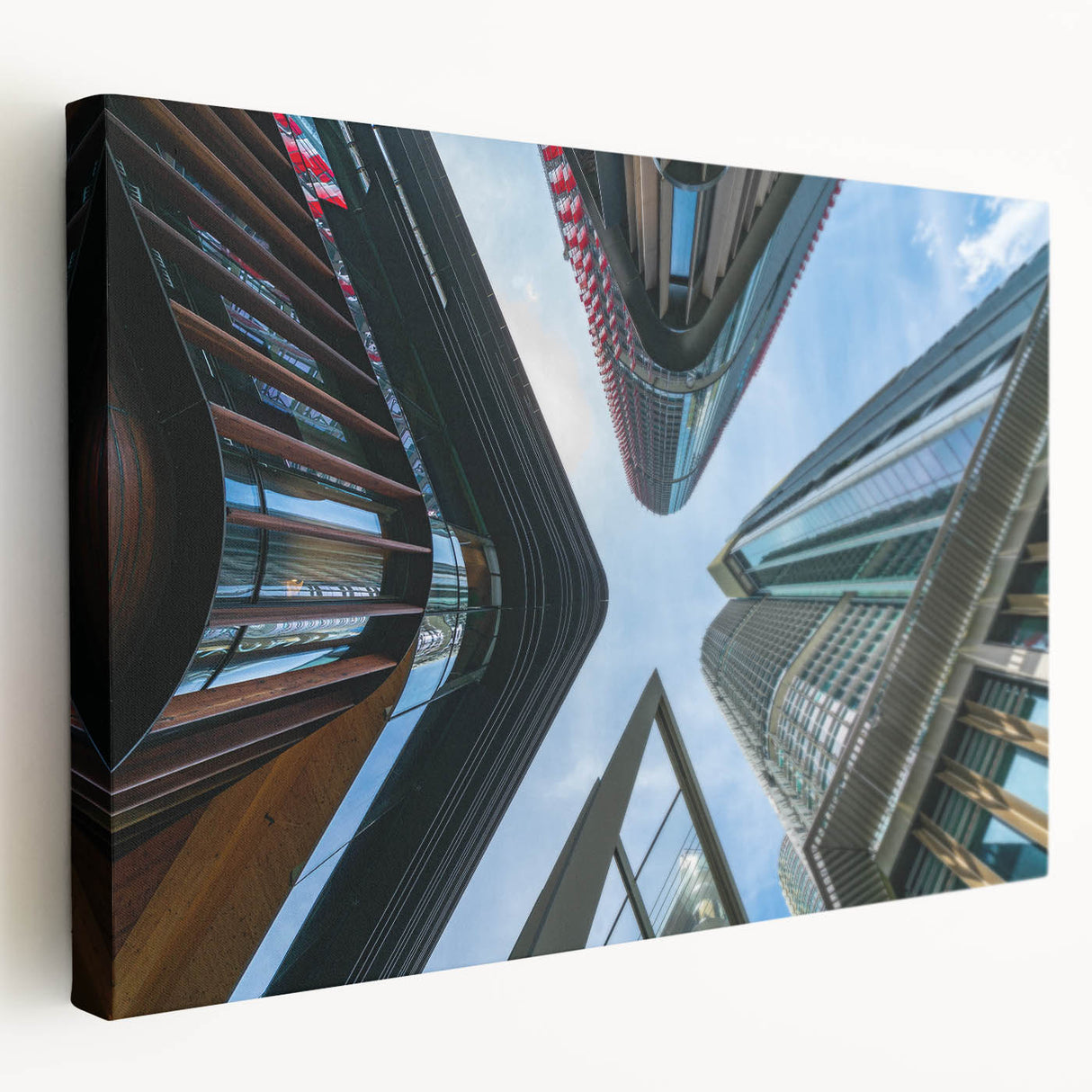 Large canvas print of a modern skyscraper design in neutral gray tones, suitable for kitchen wall art.
