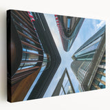 Large canvas print of a modern skyscraper design in neutral gray tones, suitable for kitchen wall art.