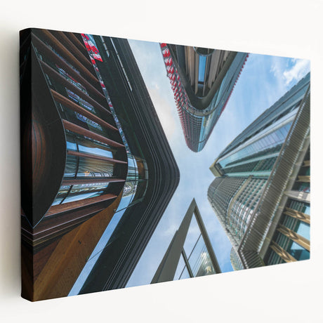 Large canvas print of a modern skyscraper design in neutral gray tones, suitable for kitchen wall art.