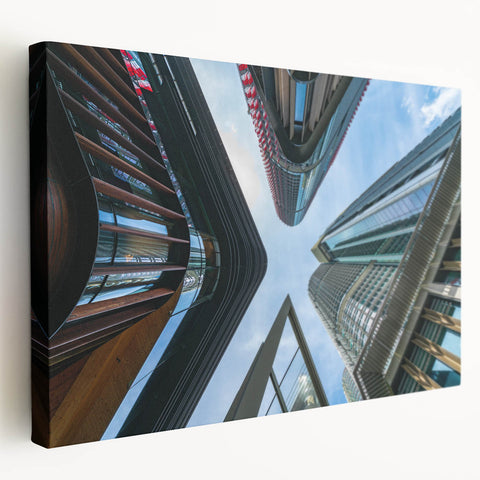 Large canvas print of a modern skyscraper design in neutral gray tones, suitable for kitchen wall art.