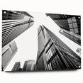 Acrylic print of a large abstract skyscraper design in cool gray tones, ideal for modern dining room decor.