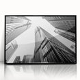 Large abstract wall art featuring a black and white skyscraper design on a framed acrylic, suitable for modern office decor.