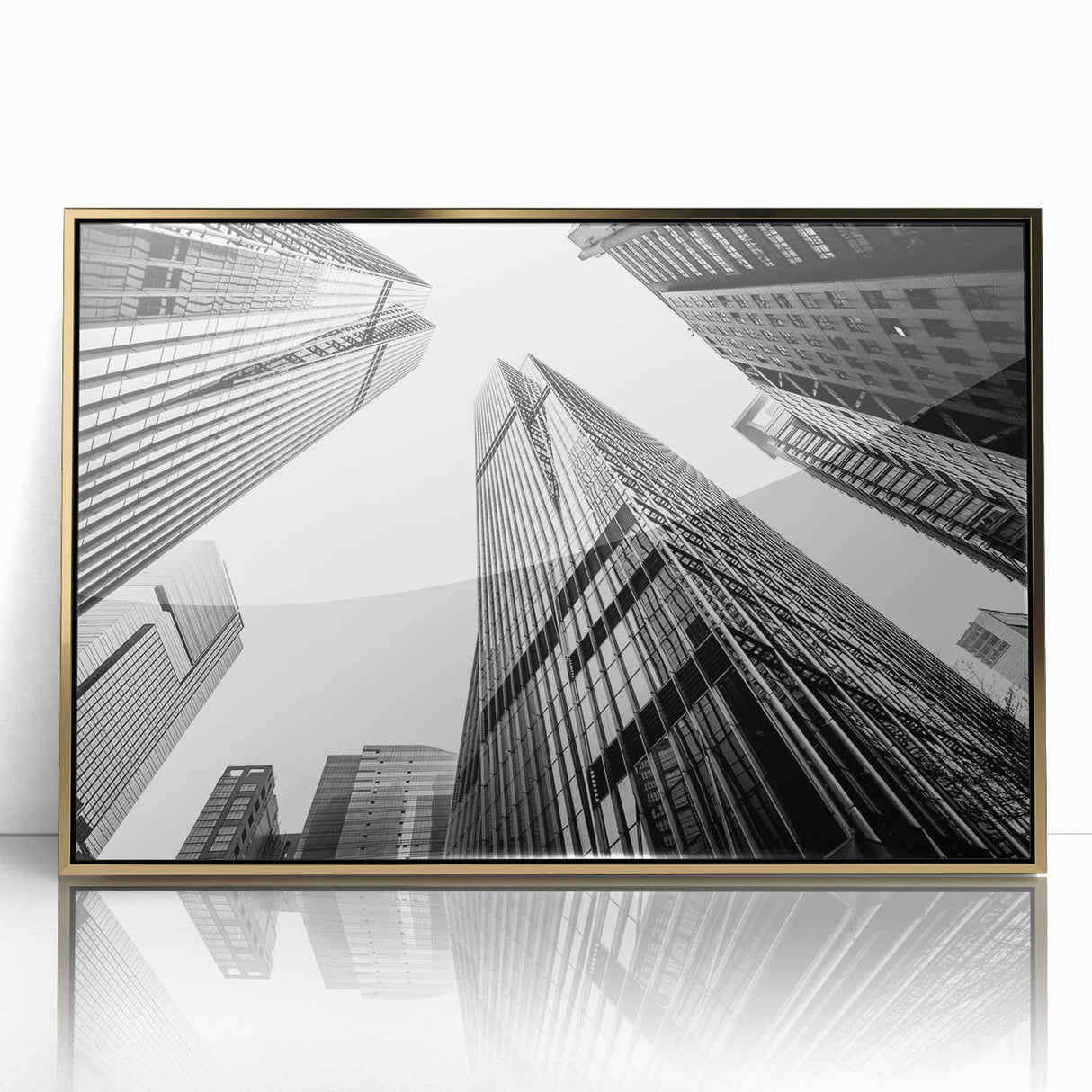 Mid-century modernist art of a skyscraper in gold and black tones, framed acrylic, suitable for modern art wall decor.