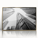 Mid-century modernist art of a skyscraper in gold and black tones, framed acrylic, suitable for modern art wall decor.