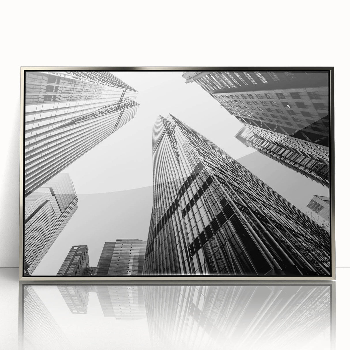 Art deco style poster of skyscrapers in silver and gray tones, framed acrylic, suitable for modern art wall decor.