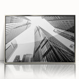 Art deco style poster of skyscrapers in silver and gray tones, framed acrylic, suitable for modern art wall decor.