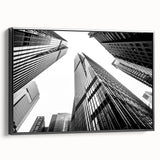 Black and white framed canvas of skyscraper architecture, ideal for bedroom wall art in a vintage poster style.
