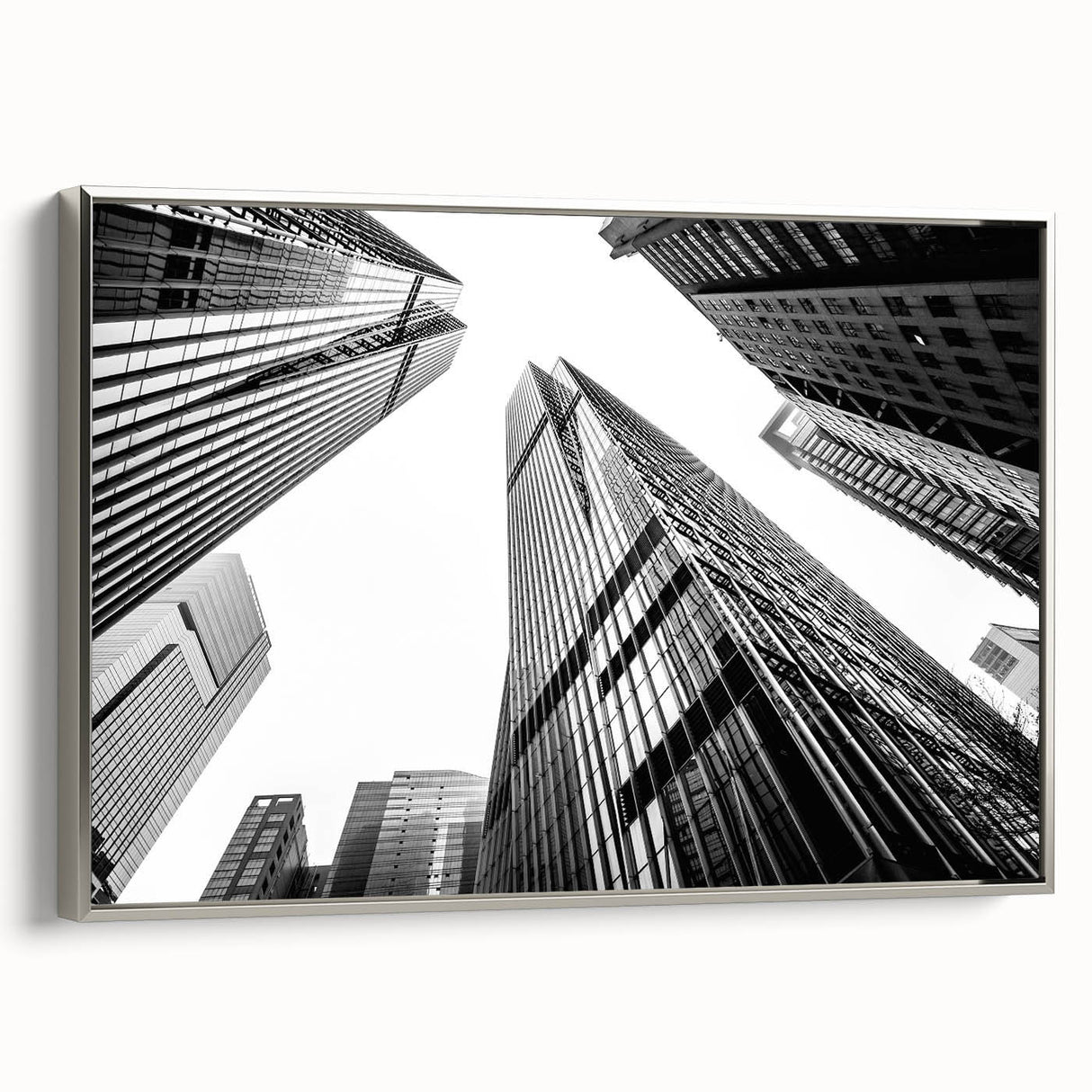 Vintage poster art of a skyscraper design in monochrome, framed canvas, ideal for living room decor.