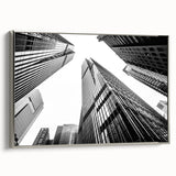 Vintage poster art of a skyscraper design in monochrome, framed canvas, ideal for living room decor.