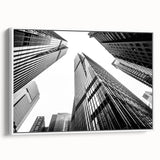 Framed canvas of a black and white vintage skyscraper design, ideal for bedroom wall art.