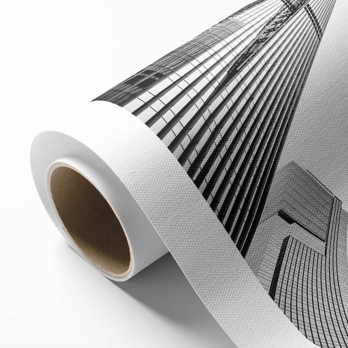 Art Deco skyscraper design in monochrome, rolled canvas, suitable as nursery wall art or dining room decor.