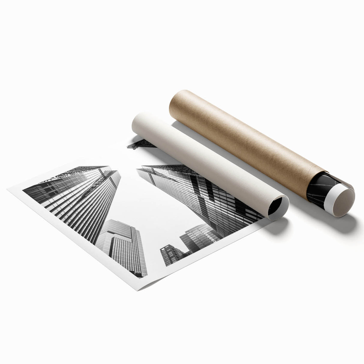 Extra large rolled print of a skyscraper with muted metallic tones, ideal for modern bathroom decor.