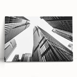 Black and white photo of skyscrapers on stretched canvas, ideal for kitchen wall art or bedroom ambiance.