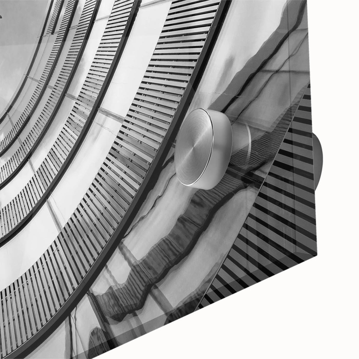 Mid-century modernist large abstract wall art featuring skyscraper designs in muted gray tones on acrylic glass.
