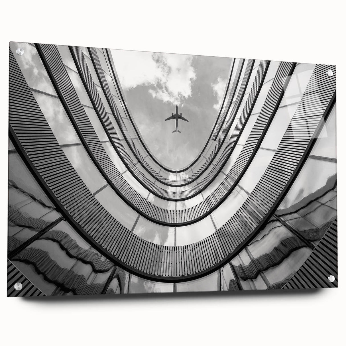 Large abstract wall art of skyscrapers in muted gray tones on acrylic glass, suitable for dining room or bedroom decor.