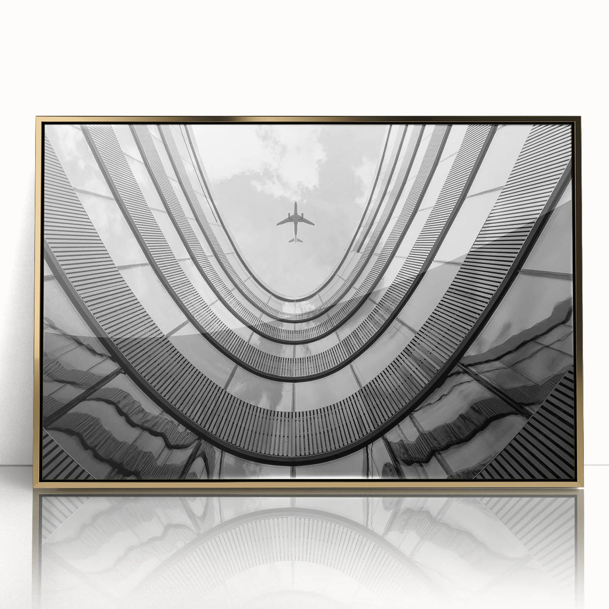 Mid-century modernist acrylic print of skyscrapers in gold tones, suitable for modern art wall decor.