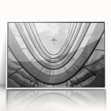 Mid-century modernist skyscraper design on large framed acrylic print in muted monochrome, ideal for modern art wall decor.