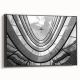 Black and white framed canvas of skyscraper architecture, ideal for bedroom wall art in a vintage poster style.