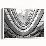 Framed canvas featuring a black and white vintage poster art of skyscraper designs, ideal for bedroom wall art.