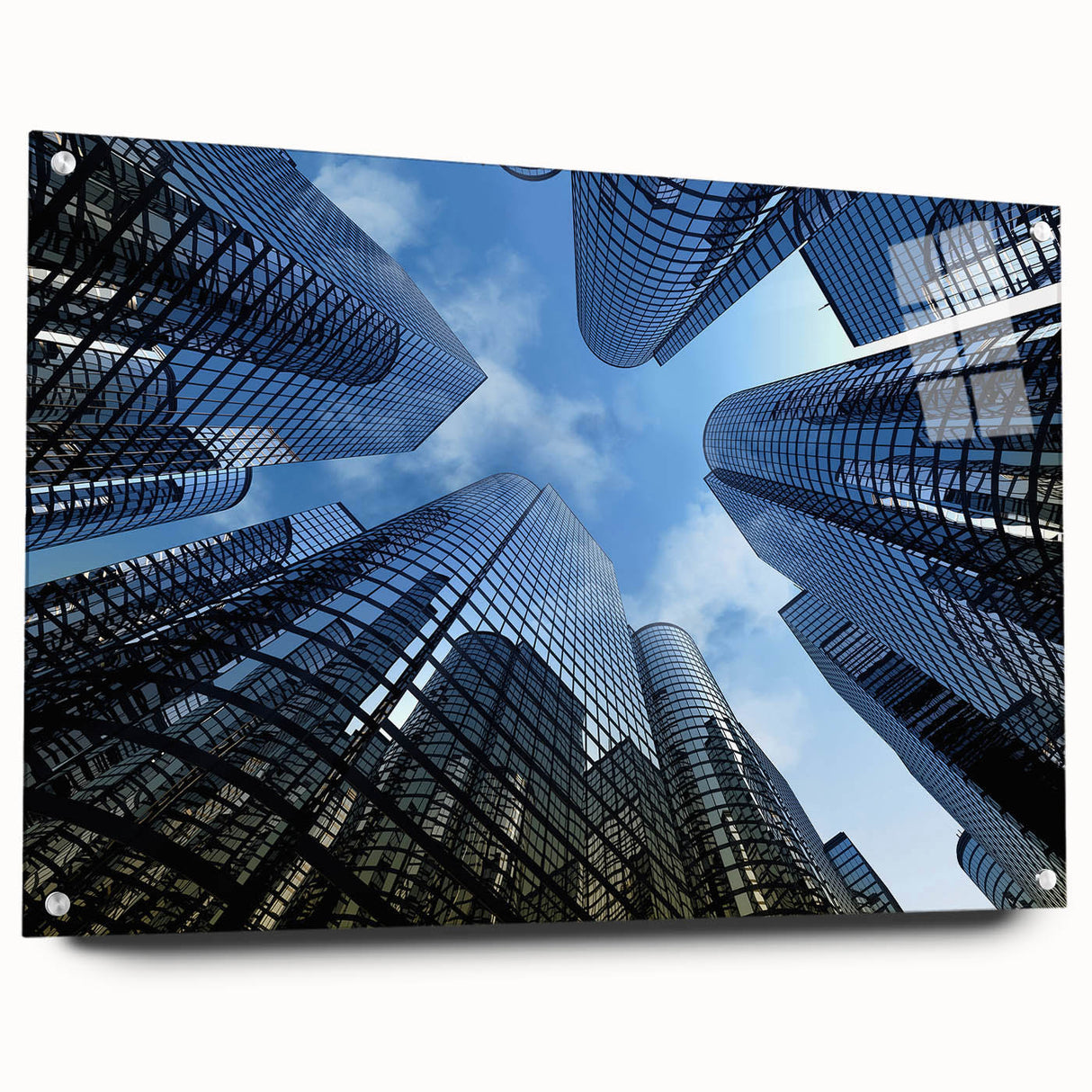 Acrylic glass print of large abstract skyscraper design in cool gray tones, suitable for bedroom or dining room wall art.