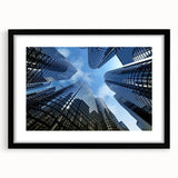 Extra large abstract art print featuring colorful, textured skyscraper designs on a black framed canvas.