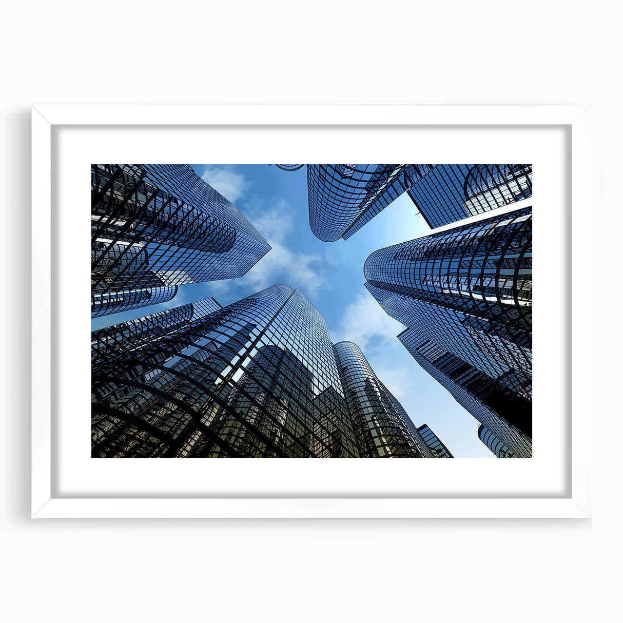 Extra large abstract art print featuring textured skyscraper design in muted gray tones on a white framed canvas.