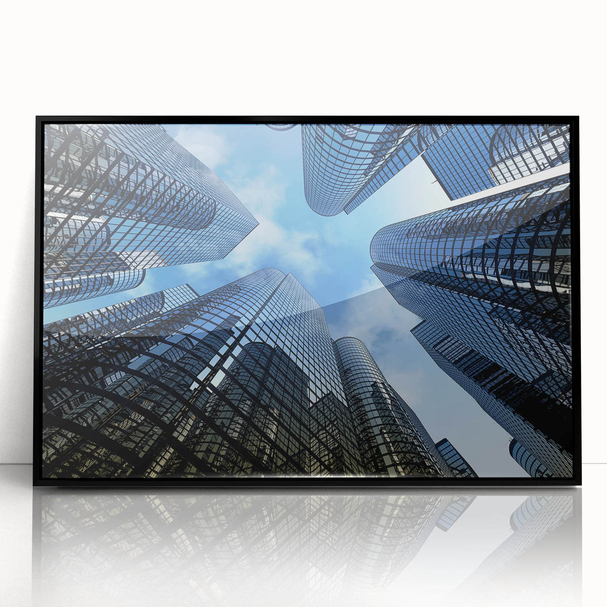 Large abstract wall art of a skyscraper, in black and grey tones, framed acrylic, suitable for modern office decor.