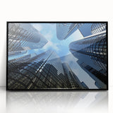 Large abstract wall art of a skyscraper, in black and grey tones, framed acrylic, suitable for modern office decor.