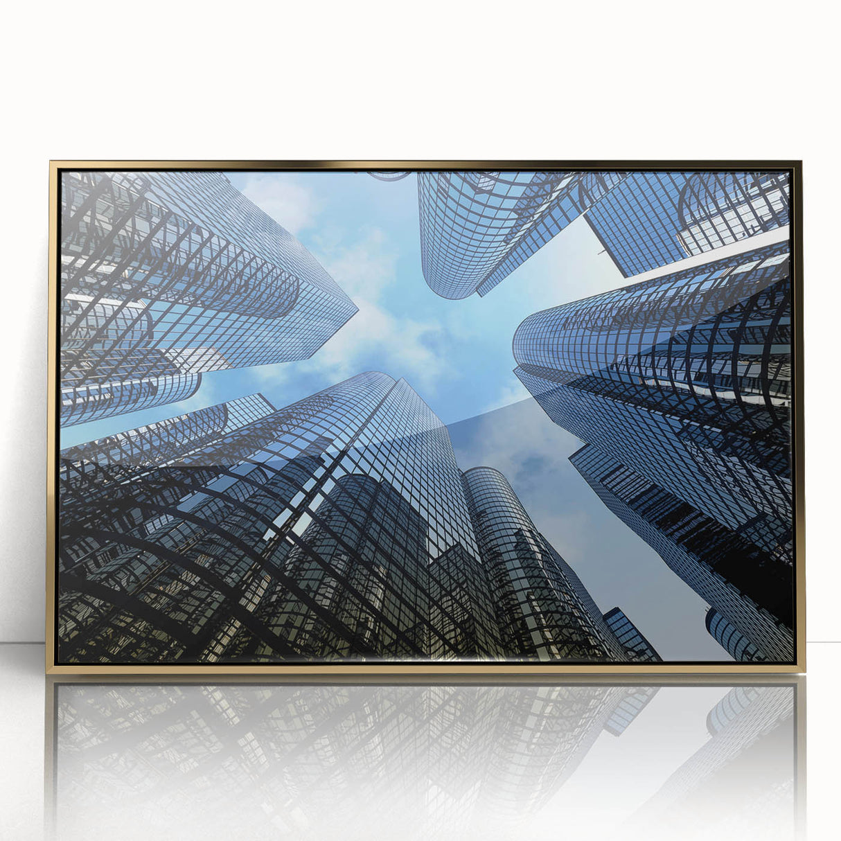 Mid-century modernist skyscraper design in gold and black tones on a framed acrylic, suitable for modern art wall decor.