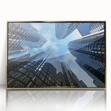 Mid-century modernist skyscraper design in gold and black tones on a framed acrylic, suitable for modern art wall decor.