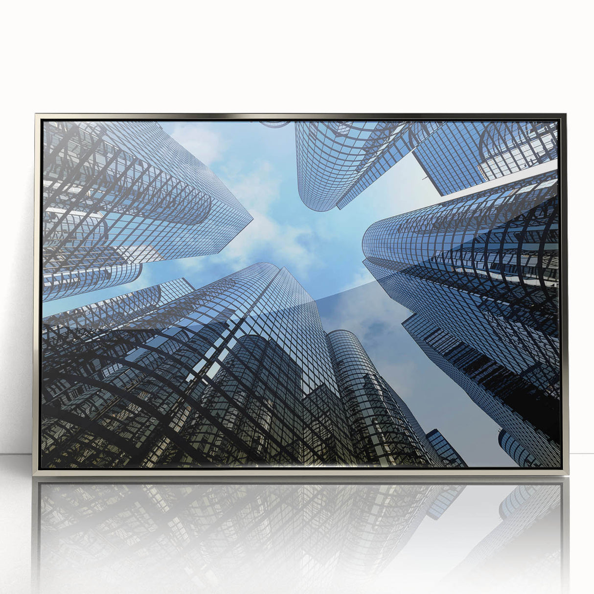 Art Deco style poster of skyscrapers in silver framed acrylic, featuring cool gray tones, ideal for modern art wall decor.
