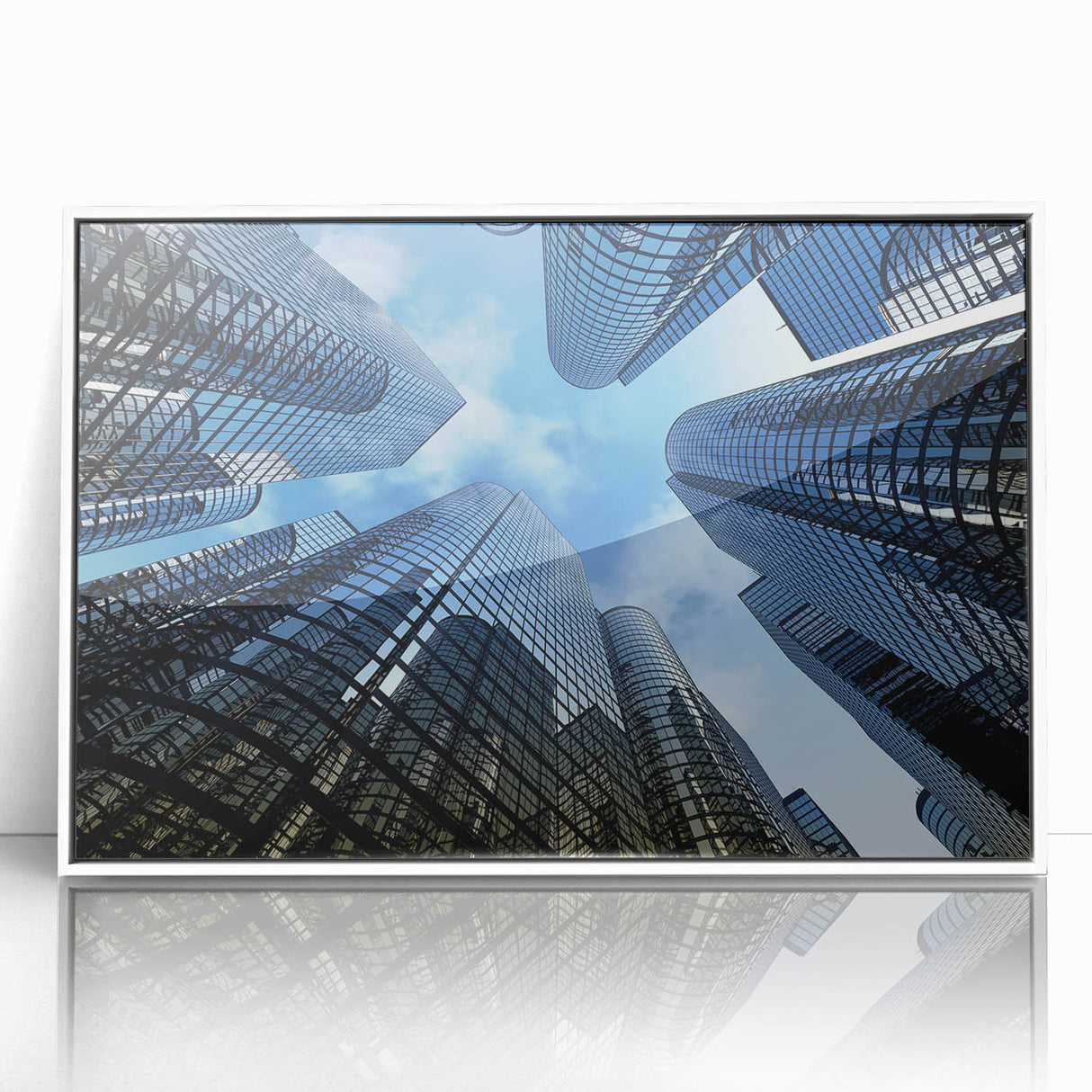 Mid-century modernist skyscraper design on a large framed acrylic print, in grayscale, ideal for modern art wall decor.